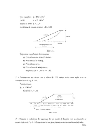 IX-24
peso específico γ = 23,2 kN/m3
coesão c' = 17 kN/m2
ângulo de atrito φ' = 37,5º
coeficiente de pressão neutra ru = B = 0,40
(2+3/4):1
TAPETE DE DRENAGEM
80.00 mts
"bed-rock"
43.60 mts
FIG. 9.10.1
Determinar o coeficiente de segurança:
a) Pelo método das fatias (Fellenius).
b) Pelo método de Bishop.
c) Pelo método novo.
d) Pelo método de Morgenstern.
Resposta: a) F = 1,38. b) F = 1,52.
2º - Considere-se um aterro com a altura de 7,00 metros sobre uma argila com as
características da Fig. 9.10.2.
Admita-se que:
γarg = 17 kN/m3
Resposta: Fs = 1,62
6.00
1
2 aterro
Ø=30º,C=0
=19.50 kN/m3
7.00
argila Cu=40kPa =40kN/m2
v
FIG. 9.10.2
3º - Calcular o coeficiente de segurança de um monte de bauxite com as dimensões e
características da Fig. 9.10.3 assente na formação argilosa com as características indicadas.
 