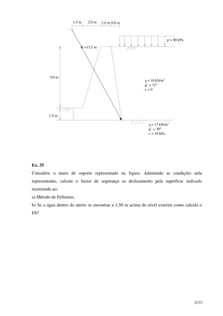 21/21
γ = 18 kN/m3
φ’ = 31º
c = 0
p = 90 kPa
γ = 17 kN/m3
φ’ = 30º
c = 10 kPa
R =13,5 m
1,5 m 2,0 m 1,0 m 0,8 m
1,5 m
9,0 m
Ex. 35
Considere o muro de suporte representado na figura. Admitindo as condições nela
representadas, calcule o factor de segurança as deslizamento pela superfície indicada
recorrendo ao:
a) Método de Fellenius;
b) Se a água dentro do aterro se encontrar a 1,50 m acima do nível exterior como calcula o
FS?
 