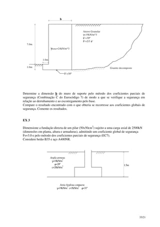 35/21
Aterro Granular
γ=19kN/m^3
φ’=30º
δ’=2/3 φ’
Granito decomposto
δ’=30º
7.0m
1.0m
1.0m
γbetão=24kN/m^3
b
Determine a dimensão b do muro de suporte pelo método dos coeficientes parciais de
segurança (Combinação C do Eurocódigo 7) de modo a que se verifique a segurança em
relação ao derrubamento e ao escorregamento pelo base.
Compare o resultado encontrado com o que obteria se recorresse aos coeficientes globais de
segurança. Comente os resultados.
EX 3
Dimensione a fundação directa de um pilar (50x50cm
2
) sujeito a uma carga axial de 2500kN
(dimensões em planta, altura e armaduras), admitindo um coeficiente global de segurança
Fs=3.0 e pelo método dos coeficientes parciais de segurança (EC7).
Considere betão B35 e aço A400NR.
1.5m
Argila arenosa
γ=18kN/m
3
φ=28º
c=20kN/m
2
Areia Argilosa compacta
γ=19kN/m
3
c=5kN/m
2
φ=31º
 