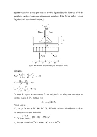 equilíbrio das duas escoras presentes no modelo é garantido pelo tirante ao nível das
armaduras. Assim, é necessário dimensionar armaduras de tal forma a absorverem a
força instalada no referido tirante (Fsd).
l/2
H
L (xB)
a (xb)
Nsd 2
2sdN
sdF
L/4
Nsd 2
L/4L/4L/4
2sdN
Figura A9 – Cálculo das armaduras pelo método das bielas.
Direcção x
Msd = )aL(
NaLN sdsd
−=





−
8442
( )aL
d
N
d
M
F sdsd
sd −==
8
)aL(
fd
N
f
F
A
syd
sd
syd
sd
s −==
8
No caso de sapatas com momento flector, originando um diagrama trapezoidal de
tensões, o valor de sdN é obtido por:
BLσN refsd ××= .
Assim, tem-se:
kN....BLσN refsd 2310891835430 =××=××= (este valor será utilizado para o cálculo
das armaduras nas duas direcções).
( ) 2
03582083
3480009508
23108
cm...
.
.
As =−
××
=
⇒== mcm...As
2
421891035 10φ16 ( .ef
sA = 20.1 mcm2
)
 
