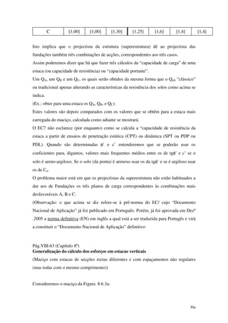 30a
C [1,00] [1,00] [1,30] [1,25] [1,6] [1,4] [1,4]
Isto implica que o projectista da estrutura (superestrutura) dê ao projectista das
fundações também três combinações de acções, correspondentes aos três casos.
Assim poderemos dizer que há que fazer três cálculos da “capacidade de carga” de uma
estaca (ou capacidade de resistência) ou “capacidade portante”.
Um QA, um QB e um QC, os quais serão obtidos da mesma forma que o Qult “clássico”
ou tradicional apenas alterando as características da resistência dos solos como acima se
indica.
(Ex.: obter para uma estaca os QA, QB, e QC).
Estes valores são depois comparados com os valores que se obtêm para a estaca mais
carregada do maciço, calculada como adiante se mostrará.
O EC7 não esclarece (por enquanto) como se calcula a “capacidade de resistência da
estaca a partir de ensaios de penetração estática (CPT) ou dinâmica (SPT ou PDP ou
PDL). Quando são determinadas φ’ e c’ entenderemos que se poderão usar os
coeficientes para, digamos, valores mais frequentes médios entre os de tgφ’ e c’ se o
solo é areno-argiloso. Se o solo (da ponta) é arenoso usar os da tgφ’ e se é argiloso usar
os de Cu.
O problema maior está em que os projectistas da superestrutura não estão habituados a
dar aos de Fundações os três planos de carga correspondentes às combinações mais
desfavoráveis A, B e C.
(Observação: o que acima se diz refere-se à pré-norma do EC/ cujo “Documento
Nacional de Aplicação” já foi publicado em Português. Porém, já foi aprovada em Dezº
.2005 a norma definitiva (EN) em inglês a qual está a ser traduzida para Portugês e virá
a constituir o “Documento Nacional de Aplicação” definitivo
Pág.VIII-63 (Capítulo 8º)
Generalização do cálculo dos esforços em estacas verticais
(Maciço com estacas de secções rectas diferentes e com espaçamentos não regulares
(mas todas com o mesmo comprimento))
Consideremos o maciço da Figura 8.6.3a:
 