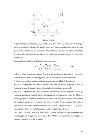 30a
1
1,5 m 1,5 m
1,5 m
3
2
4
y
x
0,5m
MxG
(O)•
5
0,5m
xG
yG
G •
MyG
(N)
M
r
M
Figura 8.6.3a
A generalização da fórmula da pág. VIII-63, que dá o esforço Q na estaca i do maciço e
que é semelhante à fórmula da “flexão composta” faz-se, considerando não a força Qi
mas a tensão normal (axial) na estaca i de coordenadas (xig, yig) em relação ao sistema
de eixos principais centrais de inércia do maciço de estacas (cortado por um plano
horizontal).
Então, pela mesma fórmula da flexão composta temos:
2
1
2
11
Gj
n
j
j
GixG
Gj
n
j
j
GiyG
n
j
j
i
yA
xM
xA
xM
A
N
===
∑
−
∑
+
∑
=σ (a)
onde n = nº de estacas de maciço, Aj a área da secção recta da estaca j, (xGi, yGi) as
coordenadas do ponto de intercepção do eixo da estaca i com o plano horizontal.
N é a força vertical no maciço (reduzida ao centro de gravidade G do maciço),
MxG é a componente do vector momento aplicado ao maciço segundo o eixo xG
(principal central de inércia), depois da redução da solicitação ao ponto G.
MyG é a componente do vector momento aplicado ao maciço segundo o eixo yG
(principal central de inércia), depois da redução da solicitação ao ponto G. (Nota: os
alunos que já não souberem a determinação dos eixos principais centrais de inércia de
um conjunto de áreas, o conjunto das secções rectas Aj das estacas, nem fazer a
mudança de uma força e um momento de um ponto P (x,y) para outro G (x’, y’) ou G
(xG, yG) terão de rever a matéria dada na cadeira respectiva do 2º ano).
Fica como exercício a aplicação da fórmula (a) ao ex. da Figura 6.3.4a, supondo-se que
a solicitação em relação aos eixos x,y é N= 600 tf e os momentos em relação aos
mesmos eixos são Mx = My = 100tfm.
 