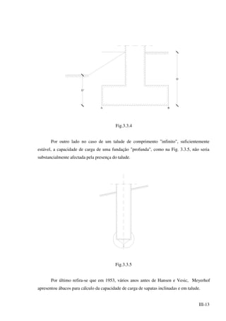 III-13
D
BA
D´
Fig.3.3.4
Por outro lado no caso de um talude de comprimento "infinito", suficientemente
estável, a capacidade de carga de uma fundação "profunda", como na Fig. 3.3.5, não seria
substancialmente afectada pela presença do talude.
Fig.3.3.5
Por último refira-se que em 1953, vários anos antes de Hansen e Vesic, Meyerhof
apresentou ábacos para cálculo da capacidade de carga de sapatas inclinadas e em talude.
 