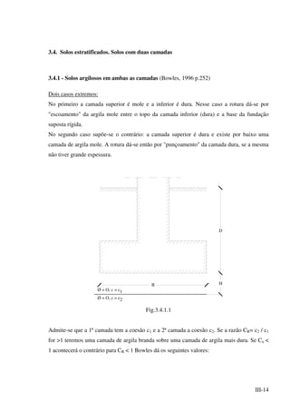 III-14
3.4. Solos estratificados. Solos com duas camadas
3.4.1 - Solos argilosos em ambas as camadas (Bowles, 1996 p.252)
Dois casos extremos:
No primeiro a camada superior é mole e a inferior é dura. Nesse caso a rotura dá-se por
"escoamento" da argila mole entre o topo da camada inferior (dura) e a base da fundação
suposta rígida.
No segundo caso supõe-se o contrário: a camada superior é dura e existe por baixo uma
camada de argila mole. A rotura dá-se então por "punçoamento" da camada dura, se a mesma
não tiver grande espessura.
1Ø = O, c = c
B H
D
Ø = O, c = c2
Fig.3.4.1.1
Admite-se que a 1ª camada tem a coesão c1 e a 2ª camada a coesão c2. Se a razão CR= c2 / c1
for >1 teremos uma camada de argila branda sobre uma camada de argila mais dura. Se Ca <
1 acontecerá o contrário para CR < 1 Bowles dá os seguintes valores:
 