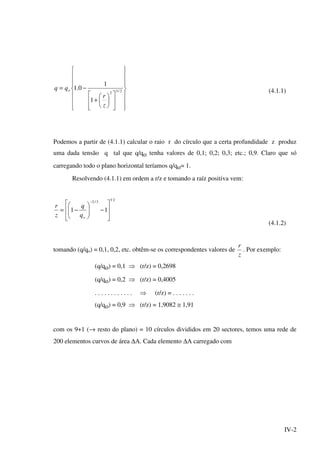 IV-2






























+
−= 2/32
1
1
0.1
z
r
qq o (4.1.1)
Podemos a partir de (4.1.1) calcular o raio r do círculo que a certa profundidade z produz
uma dada tensão q tal que q/qo tenha valores de 0,1; 0,2; 0,3; etc.; 0,9. Claro que só
carregando todo o plano horizontal teríamos q/qo= 1.
Resolvendo (4.1.1) em ordem a r/z e tomando a raíz positiva vem:
2!/3/2
11








−





−=
−
oq
q
z
r
(4.1.2)
tomando (q/qo) = 0,1, 0,2, etc. obtêm-se os correspondentes valores de
z
r
. Por exemplo:
(q/qo) = 0,1 ⇒ (r/z) = 0,2698
(q/qo) = 0,2 ⇒ (r/z) = 0,4005
. . . . . . . . . . . . ⇒ (r/z) = . . . . . . .
(q/qo) = 0,9 ⇒ (r/z) = 1,9082 ≅ 1,91
com os 9+1 (→ resto do plano) = 10 círculos divididos em 20 sectores, temos uma rede de
200 elementos curvos de área ∆A. Cada elemento ∆A carregado com
 