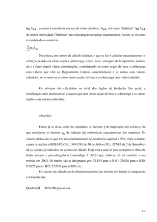 V-2
ψ0 Swk estamos a considerar em vez do vento ciclónico Swk um vento "habitual" ψ0 Swk
de menor intensidade ("habitual" era a designação no antigo regulamento). Assim, se vê como
é constituído o somatório
Qjk
n
j
S0
2
ψ
=
∑
Na prática, em termos de cálculo elástico, o que se faz é calcular separadamente os
esforços devidos às várias acções (sobrecarga, vento, neve, variações de temperatura, sismos,
etc.) e fazer depois várias combinações, considerando ou como acção de base a sobrecarga
com valores que vêm no Regulamento (valores característicos) e as outras com valores
reduzidos, ou o vento ou o sismo como acções de base e a sobrecarga com valor reduzido.
Os esforços são calculados ao nível dos órgãos de fundação. Em geral, a
combinação mais desfavorável é aquela que tem como acção de base a sobrecarga e as outras
acções com valores reduzidos.
Materiais
Como já se disse, além de considerar os factores γ de majoração dos esforços, há
que considerar os factores γM
de redução das resistências características dos materiais. Os
valores destas são os que têm uma probabilidade de ocorrência superior a 95%. Para os betões
e para os acções o REBAPE (D.L. 349 C/83 de 30 de Julho e D.L. 357/85 de 2 de Setembro)
dá os valores já reduzidos ou valores de cálculo. Hoje está a usar-se para o projecto e obras de
betão armado e pre-esforçado o Eurocódigo 2 (EC2) que, todavia, só irá concluir a sua
revisão em 2002. Os betões são aí designados por C12/15 para o B15; C16/20 para o B20;
C20/25 para o B25; C25/30 para o B30; etc..
Os valores de cálculo ou de dimensionamento das tensões dos betões à compressão
e à tracção são:
Quadro Q1 MPa (Megapascais)
 