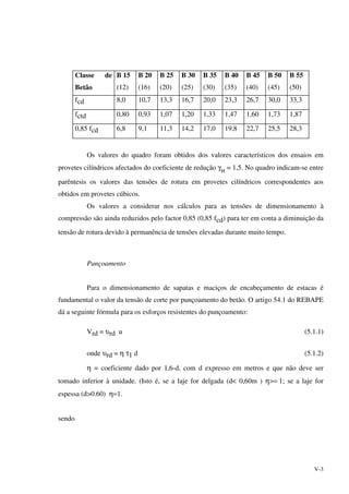 V-3
Classe de
Betão
B 15
(12)
B 20
(16)
B 25
(20)
B 30
(25)
B 35
(30)
B 40
(35)
B 45
(40)
B 50
(45)
B 55
(50)
fcd 8,0 10,7 13,3 16,7 20,0 23,3 26,7 30,0 33,3
fctd 0,80 0,93 1,07 1,20 1,33 1,47 1,60 1,73 1,87
0,85 fcd 6,8 9,1 11,3 14,2 17,0 19,8 22,7 25,5 28,3
Os valores do quadro foram obtidos dos valores característicos dos ensaios em
provetes cilíndricos afectados do coeficiente de redução γM
= 1,5. No quadro indicam-se entre
parêntesis os valores das tensões de rotura em provetes cilíndricos correspondentes aos
obtidos em provetes cúbicos.
Os valores a considerar nos cálculos para as tensões de dimensionamento à
compressão são ainda reduzidos pelo factor 0,85 (0,85 fcd) para ter em conta a diminuição da
tensão de rotura devido à permanência de tensões elevadas durante muito tempo.
Punçoamento
Para o dimensionamento de sapatas e maciços de encabeçamento de estacas é
fundamental o valor da tensão de corte por punçoamento do betão. O artigo 54.1 do REBAPE
dá a seguinte fórmula para os esforços resistentes do punçoamento:
Vrd = υrd u (5.1.1)
onde υrd = η τ1 d (5.1.2)
η = coeficiente dado por 1,6-d, com d expresso em metros e que não deve ser
tomado inferior à unidade. (Isto é, se a laje for delgada (d< 0,60m ) η>= 1; se a laje for
espessa (d>0.60) η=1.
sendo
 