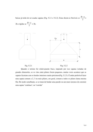 V-9
baixas já terão de ser usadas sapatas (Fig. 5.2.1 e 5.2.2). Estas dizem-se flexíveis se
2
aB −
>
2h e rígidas se
2
aB −
< 2h.
B
a
h
B-a
2
Fig. 5.2.1 Fig. 5.2.2
Quando o terreno for relativamente fraco, impondo por isso sapatas isoladas de
grandes dimensões, se os vãos entre pilares forem pequenos, muitas vezes acontece que as
sapatas ficariam com os bordos interiores muito próximos(Fig. 5.2.3). É então preferível fazer
uma sapata comum a 2, 3 ou mais pilares, em geral, comum a todos os pilares duma mesma
fila. De modo semelhante, se se tratar de fundar uma parede ou um muro teremos de construir
uma sapata "contínua", ou “corrida”
 