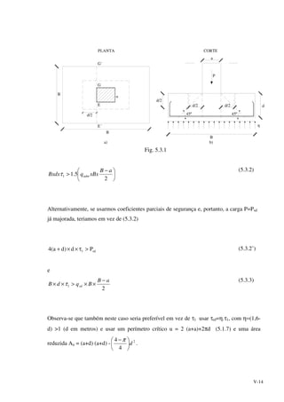 V-14
E
a
B
P
45º 45º
d/2
d
PLANTA
B
B
G
G´
E´
d/2
d/2 d/2
q
a
CORTE
a) b)
Fig. 5.3.1





 −
>
2
5.11
aB
xBxqBxdx admτ
(5.3.2)
Alternativamente, se usarmos coeficientes parciais de segurança e, portanto, a carga P=Psd
já majorada, teriamos em vez de (5.3.2)
sd1 Pd)da(4 >τ××+ (5.3.2’)
e
2
1
aB
BqdB sd
−
××>×× τ
(5.3.3)
Observa-se que também neste caso seria preferível em vez de τ1 usar τrd=η.τ1, com η=(1,6-
d) >1 (d em metros) e usar um perímetro crítico u = 2 (a+a)+2πd (5.1.7) e uma área
reduzida Au = (a+d) (a+d) - 2
4
4
d




 −π
.
 