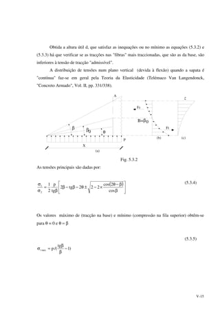V-15
Obtida a altura útil d, que satisfaz as inequações ou no mínimo as equações (5.3.2) e
(5.3.3) há que verificar se as tracções nas "fibras" mais traccionadas, que são as da base, são
inferiores à tensão de tracção "admissível".
A distribuição de tensões num plano vertical (devida à flexão) quando a sapata é
"contínua" faz-se em geral pela Teoria da Elasticidade (Telémaco Van Langendonck,
"Concreto Armado", Vol. II, pp. 331/338).
X
A 2
Fc
B=
(b) (c)
P
(a)
Ft
θ
β β0
β0
Fig. 5.3.2
As tensões principais são dadas por:
( )






β
β−θ
×−±θ−β−β
β
=
σ
σ
cos
2cos
222tg2
tg
p
2
1
2
1
(5.3.4)
Os valores máximo de (tracção na base) e mínimo (compressão na fila superior) obtêm-se
para θ = 0 e θ = β
)1
tg
/(pmaxt −
β
β
=σ
(5.3.5)
 
