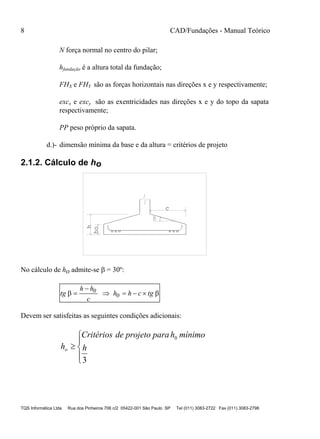 8 CAD/Fundações - Manual Teórico
TQS Informática Ltda Rua dos Pinheiros 706 c/2 05422-001 São Paulo SP Tel (011) 3083-2722 Fax (011) 3083-2798
N força normal no centro do pilar;
hfundação é a altura total da fundação;
FHX e FHY são as forças horizontais nas direções x e y respectivamente;
excx e excy são as exentricidades nas direções x e y do topo da sapata
respectivamente;
PP peso próprio da sapata.
d.)- dimensão mínima da base e da altura = critérios de projeto
2.1.2. Cálculo de ho
ho
h
c
No cálculo de ho admite-se  = 30º:
tg
h h
c
h h c tg 

   0
0
Devem ser satisfeitas as seguintes condições adicionais:





3
0
h
mínimohparaprojetodeCritérios
ho
 