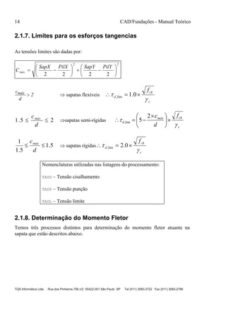 14 CAD/Fundações - Manual Teórico
TQS Informática Ltda Rua dos Pinheiros 706 c/2 05422-001 São Paulo SP Tel (011) 3083-2722 Fax (011) 3083-2798
2.1.7. Limites para os esforços tangencias
As tensões limites são dadas por:
22
2222













PilYSapYPilXSapX
Cmáx
c
d
máx
 2  sapatas flexíveis
c
ck
d
f

  0.1lim,
25.1 
d
cmáx
sapatas semi-rígidas
c
ckmáx
d
f
d
c

 




 

2
5lim,
5.1
5.1
1

d
cmáx
 sapatas rígidas
c
ck
d
f

  0.2lim,
Nomenclaturas utilizadas nas listagens do processamento:
TAUD – Tensão cisalhamento
TAUP – Tensão punção
TAUL – Tensão limite
2.1.8. Determinação do Momento Fletor
Temos três processos distintos para determinação do momento fletor atuante na
sapata que estão descritos abaixo.
 