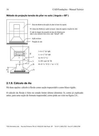 16 CAD/Fundações - Manual Teórico
TQS Informática Ltda Rua dos Pinheiros 706 c/2 05422-001 São Paulo SP Tel (011) 3083-2722 Fax (011) 3083-2798
Método da projeção tensão do pilar no solo ( ângulo  90º )
2.1.9. Cálculo de As
Há duas opções: cálculo à flexão como seção trapezoidal e como bloco rígido.
O cálculo da flexão é feito no estado limite último (domínio 3), como já explicado
antes, para uma seção de formato trapezoidal, como pode ser visto na figura 2.6..
 