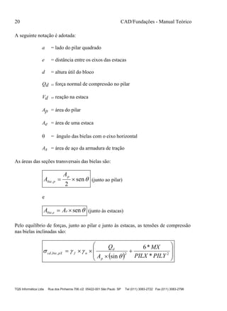 20 CAD/Fundações - Manual Teórico
TQS Informática Ltda Rua dos Pinheiros 706 c/2 05422-001 São Paulo SP Tel (011) 3083-2722 Fax (011) 3083-2798
A seguinte notação é adotada:
a = lado do pilar quadrado
e = distância entre os eixos das estacas
d = altura útil do bloco
Qd = força normal de compressão no pilar
Vd = reação na estaca
Ap = área do pilar
Ae = área de uma estaca
 = ângulo das bielas com o eixo horizontal
As = área de aço da armadura de tração
As áreas das seções transversais das bielas são:
sen
2
, 
p
pbie
A
A (junto ao pilar)
e
sen,  eebie AA (junto às estacas)
Pelo equilíbrio de forças, junto ao pilar e junto às estacas, as tensões de compressão
nas bielas inclinadas são:
  









 22,,
*
*6
sin PILYPILX
MX
A
Q
p
d
nfpXbiecd


 