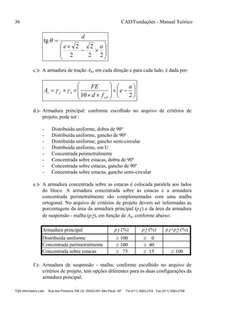 36 CAD/Fundações - Manual Teórico
TQS Informática Ltda Rua dos Pinheiros 706 c/2 05422-001 São Paulo SP Tel (011) 3083-2722 Fax (011) 3083-2798











22
2
2
2
tg
ae
d

c.)- A armadura de tração As, em cada direção e para cada lado, é dada por:

















210
a
e
fd
FE
A
yd
nfs 
d.)- Armadura principal: conforme escolhido no arquivo de critérios de
projeto, pode ser :
- Distribuída uniforme, dobra de 90º
- Distribuída uniforme, gancho de 90º
- Distribuída uniforme, gancho semi-circular
- Distribuída uniforme, em U
- Concentrada perimetralmente
- Concentrada sobre estacas, dobra de 90º
- Concentrada sobre estacas, gancho de 90º
- Concentrada sobre estacas, gancho semi-circular
e.)- A armadura concentrada sobre as estacas é colocada paralela aos lados
do bloco. A armadura concentrada sobre as estacas e a armadura
concentrada perimetralmente são complementadas com uma malha
ortogonal. No arquivo de critérios de projeto devem ser informadas as
porcentagens da área da armadura principal (p1) e da área da armadura
de suspensão - malha (p2), em função de As, conforme abaixo:
Armadura principal p1 (%) p2 (%) p1+p2 (%)
Distribuída uniforme  100  0
Concentrada perimetralmente  100  40
Concentrada sobre estacas  75  15  100
f.)- Armadura de suspensão - malha: conforme escolhido no arquivo de
critérios de projeto, tem opções diferentes para as duas configurações da
armadura principal.
 