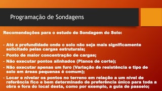 Programação de Sondagens
Recomendações para o estudo de Sondagem do Solo:
- Até a profundidade onde o solo não seja mais significamente
solicitado pelas cargas estruturais;
- Ponto de maior concentração de cargas;
- Não executar pontos alinhados (Planos de corte);
- Não executar apenas um furo (Variação de resistência e tipo de
solo em áreas pequenas é comum);
- Locar e nivelar os pontos no terreno em relação a um nível de
referência fico e bem determinado de preferência único para toda a
obra e fora do local desta, como por exemplo, a guia de passeio;
 