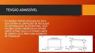 TENSÃO ADMISSÍVEL
• É A MÁXIMA TENSÃO APLICADA AO SOLO
QUE ATENDA ÀS LIMITAÇÕES DE RECALQUE
OU DEFORMAÇÕES DA ESTRUTURA, SEUS
VALORES DEVEM OBEDECER AO ESTADO
LIMITE ÚLTIMO (ELU) E O ESTADO LIMITE
DE SERVIÇO (ELS) PARA CADA ELEMENTO
DE FUNDAÇÃO.
 