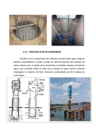 3.3.2. TUBULÕES COM AR COMPRIMIDO

Tubulões com ar comprimido são utilizados quando existe água, exige-se
grandes profundidades e existe o perigo de desmoronamento das paredes da
estaca. Nesse caso, a injeção de ar comprimido no tubulões impede a entrada de
água, pois a pressão interna é maior que a pressão da água, sendo a pressão
empregada, no máximo, de 3atm, limitando a profundidade em 30 m abaixo do
nível d’água.

 