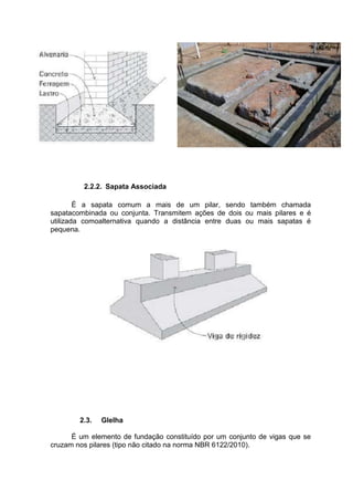 2.2.2. Sapata Associada
É a sapata comum a mais de um pilar, sendo também chamada
sapatacombinada ou conjunta. Transmitem ações de dois ou mais pilares e é
utilizada comoalternativa quando a distância entre duas ou mais sapatas é
pequena.

2.3.

Glelha

É um elemento de fundação constituído por um conjunto de vigas que se
cruzam nos pilares (tipo não citado na norma NBR 6122/2010).

 