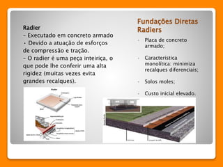 Fundações Diretas 
Radiers 
• Placa de concreto 
armado; 
• Característica 
monolítica: minimiza 
recalques diferenciais; 
• Solos moles; 
• Custo inicial elevado. 
Radier 
– Executado em concreto armado 
• Devido a atuação de esforços 
de compressão e tração. 
– O radier é uma peça inteiriça, o 
que pode lhe conferir uma alta 
rigidez (muitas vezes evita 
grandes recalques). 
 