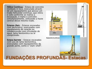 Hélice Contínua - Estaca de concreto 
moldada in loco, executada através 
de um equipamento que possui um 
trado helicoidal contínuo, que retira 
o solo conforme se realiza a 
escavação, e injeta o concreto 
simultaneamente, utilizando a haste 
central desse mesmo trado. 
Estacas-Raiz - Estacas escavadas 
com perfuratriz, executadas com 
equipamento de rotação ou 
rotopercussão com circulação de 
água, lama bentonítica ou ar 
comprimido. 
Estaca barrete - Estacas escavadas 
com uso de lama bentonítica, 
executadas com equipamentos de 
grande porte, como o “clam-shell”. 
FUNDAÇÕES PROFUNDAS- Estacas 
 