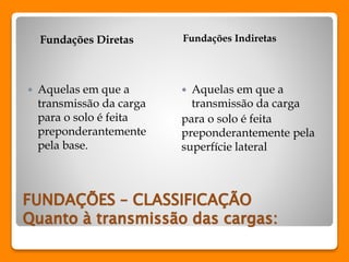 Fundações Diretas Fundações Indiretas 
 Aquelas em que a 
transmissão da carga 
para o solo é feita 
preponderantemente 
pela base. 
 Aquelas em que a 
transmissão da carga 
para o solo é feita 
preponderantemente pela 
superfície lateral 
FUNDAÇÕES – CLASSIFICAÇÃO 
Quanto à transmissão das cargas: 
 