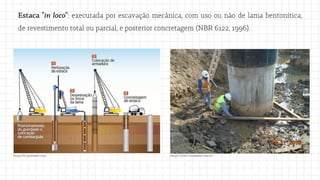 https://www.fundatest.com.br/
https://br.pinterest.com/
Estaca "in loco": executada por escavação mecânica, com uso ou não de lama bentonítica,
de revestimento total ou parcial, e posterior concretagem (NBR 6122, 1996).
 