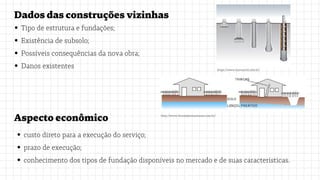 Dadosdasconstruçõesvizinhas
Tipo de estrutura e fundações;
Existência de subsolo;
Possíveis consequências da nova obra;
Danos existentes
Aspectoeconômico
custo direto para a execução do serviço;
prazo de execução;
conhecimento dos tipos de fundação disponíveis no mercado e de suas características.
https://www.inovacivil.com.br/
http://www.forumdaconstrucao.com.br/
 