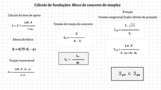 Cálculo de fundações: Bloco de concreto de simples
Cálculo da área de apoio
Altura do bloco
Tração transversal
Tensão de tração do concreto
Punção
Tensão tangencial (valor último de punção)
 