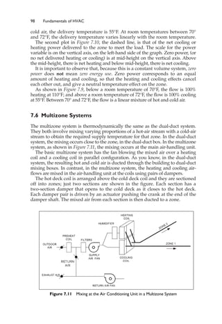 98 Fundamentals of HVAC
cold air, the delivery temperature is 55°F. At room temperatures between 70°
and 72°F, the delivery temperature varies linearly with the room temperature.
The second plot in Figure 7.10, the dashed line, is that of the net cooling or
heating power delivered to the zone to meet the load. The scale for the power
variable is on the vertical axis, on the left-hand side of the graph. Zero power, (or
no net delivered heating or cooling) is at mid-height on the vertical axis. Above
the mid-height, there is net heating and below mid-height, there is net cooling.
It is important to observe that, because this is a constant volume system, zero
power does not mean zero energy use. Zero power corresponds to an equal
amount of heating and cooling, so that the heating and cooling effects cancel
each other out, and give a neutral temperature effect on the zone.
As shown in Figure 7.9, below a room temperature of 70°F, the flow is 100%
heating at 110°F; and above a room temperature of 72°F, the flow is 100% cooling
at 55°F. Between 70° and 72°F, the flow is a linear mixture of hot and cold air.
7.6 Multizone Systems
The multizone system is thermodynamically the same as the dual-duct system.
They both involve mixing varying proportions of a hot-air stream with a cold-air
stream to obtain the required supply temperature for that zone. In the dual-duct
system, the mixing occurs close to the zone, in the dual-duct box. In the multizone
system, as shown in Figure 7.11, the mixing occurs at the main air-handling unit.
The basic multizone system has the fan blowing the mixed air over a heating
coil and a cooling coil in parallel configuration. As you know, in the dual-duct
system, the resulting hot and cold air is ducted through the building to dual-duct
mixing boxes. In contrast, in the multizone system, the heating and cooling air-
flows are mixed in the air-handling unit at the coils using pairs of dampers.
The hot deck coil is arranged above the cold deck coil and they are sectioned
off into zones; just two sections are shown in the figure. Each section has a
two-section damper that opens to the cold deck as it closes to the hot deck.
Each damper pair is driven by an actuator pushing the crank at the end of the
damper shaft. The mixed air from each section is then ducted to a zone.
Figure 7.11 Mixing at the Air Conditioning Unit in a Multizone System
 