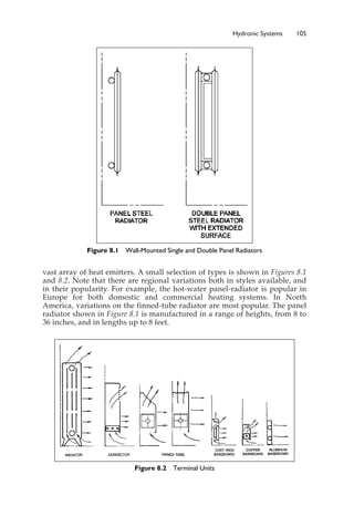 Hydronic Systems 105
vast array of heat emitters. A small selection of types is shown in Figures 8.1
and 8.2. Note that there are regional variations both in styles available, and
in their popularity. For example, the hot-water panel-radiator is popular in
Europe for both domestic and commercial heating systems. In North
America, variations on the finned-tube radiator are most popular. The panel
radiator shown in Figure 8.1 is manufactured in a range of heights, from 8 to
36 inches, and in lengths up to 8 feet.
Figure 8.2 Terminal Units
Figure 8.1 Wall-Mounted Single and Double Panel Radiators
 