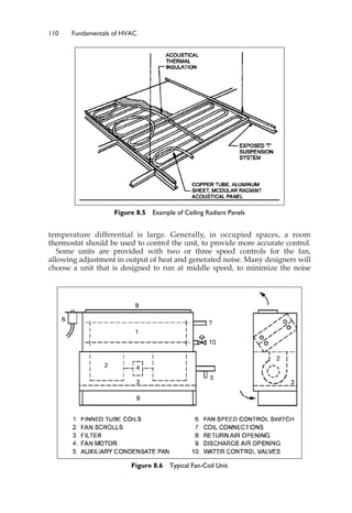110 Fundamentals of HVAC
temperature differential is large. Generally, in occupied spaces, a room
thermostat should be used to control the unit, to provide more accurate control.
Some units are provided with two or three speed controls for the fan,
allowing adjustment in output of heat and generated noise. Many designers will
choose a unit that is designed to run at middle speed, to minimize the noise
Figure 8.6 Typical Fan-Coil Unit
Figure 8.5 Example of Ceiling Radiant Panels
 