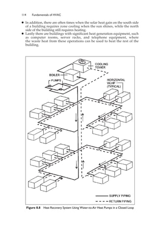 114 Fundamentals of HVAC
䊉 In addition, there are often times when the solar heat gain on the south side
of a building requires zone cooling when the sun shines, while the north
side of the building still requires heating.
䊉 Lastly there are buildings with significant heat generation equipment, such
as computer rooms, server racks, and telephone equipment, where
the waste heat from these operations can be used to heat the rest of the
building.
Figure 8.8 Heat Recovery System Using Water-to-Air Heat Pumps in a Closed Loop
 