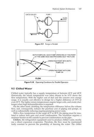 9.5 Chilled Water
Chilled water typically has a supply temperature of between 42°F and 48°F.
Historically, the return temperature was often chosen to be 10°F above the
flow temperature. With the higher cost of fuel and the concern over energy
usage, it is usually cost effective to design for a higher difference of 15°F or
even 20°F. The higher return temperatures require larger coils, and create chal-
lenges when high dehumidification is required.
On the other hand, doubling the temperature difference halves the volume
flow, and, consequently, reduces the purchase cost of piping and pumps, as
well as substantially reducing ongoing pumping power costs.
With a flow temperature in the range 42°F to 48°F, the piping must be insu-
lated to reduce heat gain and avoid condensation. The insulation requires a
moisture barrier on the outside to prevent condensation on the pipe.
Chillers, the refrigeration equipment used to produce chilled water, mostly
use a direct expansion evaporator. Therefore, the flow must be maintained
fairly constant to prevent the possibility of freezing the water. The chiller
Hydronic System Architecture 127
Figure 9.9 Pumps in Parallel
Figure 9.10 Operating Conditions for Parallel Operation
 