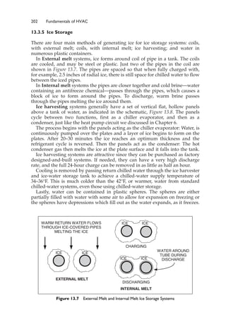 202 Fundamentals of HVAC
13.3.5 Ice Storage
There are four main methods of generating ice for ice storage systems: coils,
with external melt; coils, with internal melt; ice harvesting; and water in
numerous plastic containers.
In External melt systems, ice forms around coil of pipe in a tank. The coils
are cooled, and may be steel or plastic. Just two of the pipes in the coil are
shown in Figure 13.7. The pipes are spaced so that when fully charged with,
for example, 2.5 inches of radial ice, there is still space for chilled water to flow
between the iced pipes.
In Internal melt systems the pipes are closer together and cold brine—water
containing an antifreeze chemical—passes through the pipes, which causes a
block of ice to form around the pipes. To discharge, warm brine passes
through the pipes melting the ice around them.
Ice harvesting systems generally have a set of vertical flat, hollow panels
above a tank of water, as indicated in the schematic, Figure 13.8. The panels
cycle between two functions, first as a chiller evaporator, and then as a
condenser, just like the heat pump circuit we discussed in Chapter 6.
The process begins with the panels acting as the chiller evaporator: Water, is
continuously pumped over the plates and a layer of ice begins to form on the
plates. After 20–30 minutes the ice reaches an optimum thickness and the
refrigerant cycle is reversed. Then the panels act as the condenser: The hot
condenser gas then melts the ice at the plate surface and it falls into the tank.
Ice harvesting systems are attractive since they can be purchased as factory
designed-and-built systems. If needed, they can have a very high discharge
rate, and the full 24-hour charge can be removed in as little as half an hour.
Cooling is removed by passing return chilled water through the ice harvester
and ice-water storage tank to achieve a chilled-water supply temperature of
34–36°F. This is much colder than the 42°F, or warmer, water from standard
chilled-water systems, even those using chilled-water storage.
Lastly, water can be contained in plastic spheres. The spheres are either
partially filled with water with some air to allow for expansion on freezing or
the spheres have depressions which fill out as the water expands, as it freezes.
WATER AROUND
TUBE DURING
DISCHARGE
WARM RETURN WATER FLOWS
THROUGH ICE-COVERED PIPES
MELTING THE ICE
ICE ICE
ICE
ICE
CHARGING
DISCHARGING
ICE
ICE
EXTERNAL MELT
INTERNAL MELT
Figure 13.7 External Melt and Internal Melt Ice Storage Systems
 