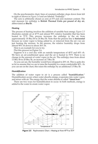 On the psychrometric chart, lines of constant enthalpy slope down from left
to right as shown in Figure 2.4 and are labeled “Enthalpy.”
The zero is arbitrarily chosen as zero at 0°F and zero moisture content. The
unit measure for enthalpy is British Thermal Units per pound of dry air,
abbreviated as Btu/lb.
Heating
The process of heating involves the addition of sensible heat energy. Figure 2.5
illustrates outside air at 47°F and almost 90% relative humidity that has been
heated to 72°F. This process increases the enthalpy in the air from
approximately 18 Btu/lb to 24 Btu/lb. Note that the process line is horizontal
because no water vapor is being added to, or removed from the air—we are
just heating the mixture. In the process, the relative humidity drops from
almost 90% rh down to about 36% rh.
Here is an example for you to try.
Plot this process on Figure 2.6.
Suppose it is a cool day with an outside temperature of 40°F and 60% rh.
We have an air-conditioned space and the air is heated to 70°F. There is no
change in the amount of water vapor in the air. The enthalpy rises from about
13 Btu/lb to 20 Btu/lb, an increase of 7 Btu/lb.
As you can see, the humidity would have dropped to 20% rh. This is quite dry
so let us assume that we are to raise the humidity to a more comfortable 40%. As
you can see on the chart, this raises the enthalpy by an additional 3.5 Btu/lb.
Humidification
The addition of water vapor to air is a process called “humidification.”
Humidification occurs when water absorbs energy, evaporates into water vapor,
and mixes with air. The energy that the water absorbs is called “latent heat.”
There are two ways for humidification to occur. In both methods, energy is
added to the water to create water vapor.
Introduction to HVAC Systems 15
Figure 2.5 Psychrometric Chart – Heating air from 47°F to 72°F
 
