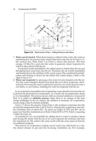 16 Fundamentals of HVAC
1. Water can be heated. When heat energy is added to the water, the water is
transformed to its gaseous state, steam, that mixes into the air. In Figure 2.6,
the vertical line, from Point 1 to Point 2, shows this process. The heat
energy, 3.5 Btu/lb, is put into the water to generate steam (vaporize it),
which is then mixed with the air.
In practical steam humidifiers, the added steam is hotter than the air and
the piping loses some heat into the air. Therefore, the air is both humidified
and heated due to the addition of the water vapor. This combined humidifi-
cation and heating is shown by the dotted line which slopes a little to the
right in Figure 2.6.
2. Water can evaporate by spraying a fine mist of water droplets into the air.
The fine water droplets absorb heat from the air as they evaporate. Alter-
natively, but using the same evaporation process, air can be passed over a
wet fabric, or wet surface, enabling the water to evaporate into the air.
In an evaporative humidifier, the evaporating water absorbs heat from the air
to provide its latent heat for evaporation. As a result, the air temperature drops
as it is humidified. The process occurs with no external addition or removal of
heat. It is called an adiabatic process. Since there is no change in the heat
energy (enthalpy) in the air stream, the addition of moisture, by evaporation,
occurs along a line of constant enthalpy.
Figure 2.7 shows the process. From Point 1, the moisture evaporates into the
air and the temperature falls to 56°F, Point 2. During this evaporation, the rela-
tive humidity rises to about 65%. To reach our target of 70°F and 40% rh we
must now heat the moistened air at Point 2 from 56°F to 70°F, Point 3, requiring
3.5 Btu/lb of dry air.
To summarize, we can humidify by adding heat to water to produce steam
and mixing the steam with the air, or we can evaporate the moisture and heat
the moistened air. We achieve the same result with the same input of heat by
two different methods.
The process of evaporative cooling can be used very effectively in a hot,
dry desert climate to pre-cool the incoming ventilation air. For example,
Figure 2.6 Psychrometric Chart – Adding Moisture with Steam
 