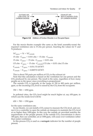 For the movie theatre example (the same as the hotel assembly-room) the
required ventilation rate is 15 cfm per person. Inserting the values for V and
N produces:
VCspace ⫽ N ⫹ VCoutside
15 cfm ⭈ Cspace ⫽ 0.011 cfm ⫹ 15 cfm ⭈ Coutside
15 cfm ⭈ Cspace ⫺ 15 cfm ⭈ Coutside ⫽ 0.011 cfm
(15 cfm ⭈ Cspace ⫺ 15 cfm ⭈ Coutside)/15 cfm ⫽ 0.011 cfm/15 cfm
Coutside ⫺ Cspace ⫽ 0.011/15 (ft3
/ft3)
Coutside ⫺ Cspace ⫽ 0.000733 (ft3
/ft3)
This is about 700 parts per million of CO2 in the exhaust air
Note that this calculation is based on the ventilation for one person and the
CO2 produced by one person. The result is the same, regardless of how many
people are in the space, since everything is proportional.
The outside CO2 is typically in the range of 350 to 400 parts per million,
ppm, so the incoming CO2 level is raised by the CO2 from the occupants:
350 ⫹ 700 ⫽ 1050 ppm.
In polluted cities, the CO2 level might be much higher at, say, 650 ppm, in
which case the inside level will be
650 ⫹ 700 ⫽ 1350 ppm
for the same ventilation rate.
In our theatre, we can install a CO2 sensor to measure the CO2 level, and con-
nect it to a controller to open the outside air dampers to maintain the CO2 level
at no higher than 1000 ppm. In this way the outside air provided matches the
requirements of the people present. If the outside CO2 concentration is above
300 ppm, then our controller, set at 1000 ppm, will cause over-ventilation rather
than under-ventilation.
In this process CO2 is used as a surrogate indicator for the number of people
present.
Ventilation and Indoor Air Quality 57
EXHAUST AIR
WITH A HIGHER LEVEL
OF CARBON DIOXIDE
OUTSIDE AIR,
LOW LEVEL OF
CARBON DIOXIDE
Figure 4.6 Addition of Carbon Dioxide in an Occupied Space
 