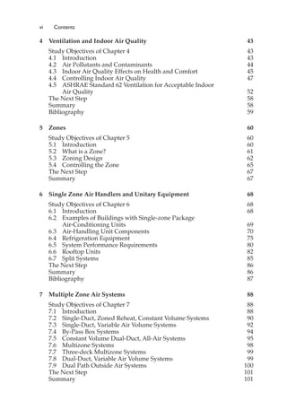 vi Contents
4 Ventilation and Indoor Air Quality 43
Study Objectives of Chapter 4 43
4.1 Introduction 43
4.2 Air Pollutants and Contaminants 44
4.3 Indoor Air Quality Effects on Health and Comfort 45
4.4 Controlling Indoor Air Quality 47
4.5 ASHRAE Standard 62 Ventilation for Acceptable Indoor
Air Quality 52
The Next Step 58
Summary 58
Bibliography 59
5 Zones 60
Study Objectives of Chapter 5 60
5.1 Introduction 60
5.2 What is a Zone? 61
5.3 Zoning Design 62
5.4 Controlling the Zone 65
The Next Step 67
Summary 67
6 Single Zone Air Handlers and Unitary Equipment 68
Study Objectives of Chapter 6 68
6.1 Introduction 68
6.2 Examples of Buildings with Single-zone Package
Air-Conditioning Units 69
6.3 Air-Handling Unit Components 70
6.4 Refrigeration Equipment 75
6.5 System Performance Requirements 80
6.6 Rooftop Units 82
6.7 Split Systems 85
The Next Step 86
Summary 86
Bibliography 87
7 Multiple Zone Air Systems 88
Study Objectives of Chapter 7 88
7.1 Introduction 88
7.2 Single-Duct, Zoned Reheat, Constant Volume Systems 90
7.3 Single-Duct, Variable Air Volume Systems 92
7.4 By-Pass Box Systems 94
7.5 Constant Volume Dual-Duct, All-Air Systems 95
7.6 Multizone Systems 98
7.7 Three-deck Multizone Systems 99
7.8 Dual-Duct, Variable Air Volume Systems 99
7.9 Dual Path Outside Air Systems 100
The Next Step 101
Summary 101
 