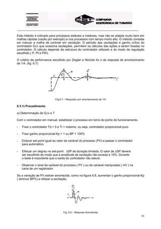 _________________________________________________________________________________________

Este método é indicado para processos estáveis e instáveis, mas não se adapta muito bem em
malhas rápidas (vazão por exemplo) e nos processos com tempo morto alto. O método consiste
em colocar a malha de controle em oscilação. O período das oscilações e ganho crítico do
controlador GCR que ocasiona oscilações, permitem os cálculos das ações a serem fixadas no
controlador. O cálculo depende da estrutura do controlador utilizado e do modo de regulação
escolhido ( P, PI e PID).

O critério de performance escolhido por Ziegler e Nichols foi o de resposta de amortecimento
de 1/4. (fig. 6.7)




                             Fig.6.7 – Resposta com amortecimento de 1/4

6.3.1) Procedimento

a) Determinação de GCR e T

Com o controlador em manual, estabilizar o processo em torno do ponto de funcionamento.

-   Fixar o controlador Td = 0 e Ti = máximo, ou seja, controlador proporcional puro.

-   Fixar ganho proporcional Kp = 1 ou BP = 100%

-   Colocar set-point igual ao valor da variável do processo (PV) e passar o controlador
    para automático.

-   Efetuar um degrau no set-point ∆SP de duração limitada. O valor de ∆SP deverá
    ser escolhido do modo que a amplitude de oscilação não exceda a 10%. Durante
    o teste é importante que a saída do controlador não sature.

-   Observar o sinal da variável do processo ( PV ) ou da variável manipulada ( mV ) na
    carta de um registrador.

Se a variação de PV estiver amortecida, como na figura 6.8, aumentar o ganho proporcional Kp
( diminuir BP%) e refazer a excitação.




                                   Fig. 6.8 – Resposta Amortecida
                                                                                            66
 