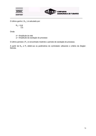 _________________________________________________________________________________________

O último ganho ( Kcu ) é calculado por:

        Kcu = 4.d
              π.a

Onde:

        d = Amplitude do relé
        a = Amplitude da oscilaçào do processo

O último período ( Pu ) é encontrado medindo o período de oscilação do processo.

A partir de Kcu e Pu obtém-se os parâmetros do controlador utilizando o critério de Ziegler-
Nichols.




                                                                                            70
 
