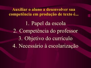 Auxiliar o aluno a desenvolver sua competência em produção de texto é... Papel da escola Competência do professor Objetivo do currículo Necessário à escolarização 
