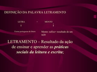 DEFINIÇÃO DA PALAVRA LETRAMENTO LETRA  +  MENTO LETRAMENTO – Resultado da ação de ensinar e aprender as  práticas sociais da leitura e escrita ; Mento: sufixo= resultado de um ação Forma portuguesa de littera 
