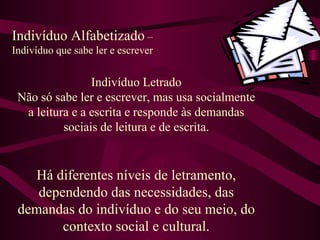 Indivíduo Alfabetizado  –  Indivíduo que sabe ler e escrever Indivíduo Letrado Não só sabe ler e escrever, mas usa socialmente a leitura e a escrita e responde às demandas sociais de leitura e de escrita. Há diferentes níveis de letramento, dependendo das necessidades, das demandas do indivíduo e do seu meio, do contexto social e cultural. 