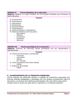 UNIDAD VI         Teorías filosóficas de la educación
Objetivo: Elaborar un cuadro sinóptico con las escuelas filosóficas que formularon la
teoría educativa.
                                         Temario
   a) Progresivismo
   b) Perennialismo
   c) Esencialismo
   d) Conductismo
   e) Reconstructismo
   f) Existencialismo
   g) Experimentalismo o pragmatismo
   h) Sistemas filosóficos de la educación
          - Naturalismo
          - Realismo
          - Humanismo
          - Socialismo
          - Marxismo



UNIDAD VII        Teorías psicológicas de la educación
Objetivo: Examinar las diferentes teorías psicológicas con sus características y
representantes.
                                        Temario
   a) Teorías Asociacionistas o conductistas
         - Thorndyke
         - Iván Pavlov
         - Watson
         - B. F. Skinner
   b) Teoría Cognoscitiva del campo Gestalt
         - Gestalt
   c) Niveles de aprendizaje
         - Gagné




V. PLANTEAMIENTO DE LA PREGUNTA PROBLEMA
¿Cómo influyen las diferentes teorías y modelos de enseñanza propuestos por
diversos filósofos pedagogos y psicólogos con mis propias concepciones sobre la
educación y el proceso de enseñanza aprendizaje? ¿En qué infiere cada autor?
¿Puedo tomar lo bueno de cada teoría y aplicarlo en mi práctica docente?




Fundamentos de la Educación / Dr. Oscar Mario Camacho Solano                Página 4
 