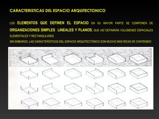 CARACTERISTICAS DEL ESPACIO ARQUITECTONICO
LOS ELEMENTOS QUE DEFINEN EL ESPACIO EN SU MAYOR PARTE SE COMPONEN DE
ORGANIZACIONES SIMPLES LINEALES Y PLANOS, QUE ASÍ DEFINIRÁN VOLÚMENES ESPACIALES
ELEMENTALES Y RECTANGULARES
SIN EMBARGO, LAS CARACTERÍSTICAS DEL ESPACIO ARQUITECTÓNICO SON MUCHO MÁS RICAS DE CONTENIDO
 