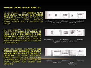 APERTURAS MODALIDADES BASICAS
EN LOS PLANOS- UNA ABERTURA ADMITE
ESTAR SITUADA POR ENTERO EN EL INTERIOR
DEL PLANO DE UNA PARED O UN TECHO Y EN
CONSECUENCIA, ESTAR RODEADA
PERIMETRALMENTE POR LA SUPERFICIE DEL
MISMO.
ENTRE LOS PLANOS- VISUALMENTE UNA
APERTURA PUEDE EXTENDERSE, EN SENTIDO
VERTICAL ENTRE LOS PLANOS DEL SUELO Y
DEL TECHO, Y EN SENTIDO HORIZONTAL,
ENTRE LAS PLANOS DE DOS MUROS. CABE
LA POSIBILIDAD DE QUE SE DESARROLLE
HASTA OCUPAR POR ENTERO UNA
SUPERFICIE.
EN LAS ESQUINAS- OTRO CASO LO
ENCONTRAMOS CUANDO LA APERTURA SE
HALLA JUNTO A UNA ARISTA O A UNA
ESQUINA DEL PLANO DE UNA PARED O DE
UN TECHO. DE UNA FORMA U OTRA LA
ABERTURA SIEMPRE ESTARÁ EN LA ESQUINA
DE UNA ESPACIO.
CENTRADA AGRUPADA LUCERNARIO
DESCENTRADA REHUNDIDA
VERTICAL APERTURA A ¾ LUCERNARIO
HORIZONTAL MURO
ACRISTALADO
EN UNA ARISTA RETORNANDO LUCERNARIO
ENTRE DOS LA ESQUINA AGRUPADA
ARISTAS
 