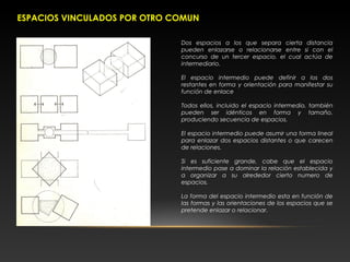ESPACIOS VINCULADOS POR OTRO COMUN
Dos espacios a los que separa cierta distancia
pueden enlazarse o relacionarse entre si con el
concurso de un tercer espacio, el cual actúa de
intermediario.
El espacio intermedio puede definir a los dos
restantes en forma y orientación para manifestar su
función de enlace
Todos ellos, incluido el espacio intermedio, también
pueden ser idénticos en forma y tamaño,
produciendo secuencia de espacios.
El espacio intermedio puede asumir una forma lineal
para enlazar dos espacios distantes o que carecen
de relaciones.
Si es suficiente grande, cabe que el espacio
intermedio pase a dominar la relación establecida y
a organizar a su alrededor cierto numero de
espacios.
La forma del espacio intermedio esta en función de
las formas y las orientaciones de los espacios que se
pretende enlazar o relacionar.
 