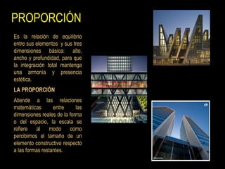 PROPORCIÓN
Es la relación de equilibrio
entre sus elementos y sus tres
dimensiones básica: alto,
ancho y profundidad, para que
la integración total mantenga
una armonía y presencia
estética.
LA PROPORCIÓN
Atiende a las relaciones
matemáticas entre las
dimensiones reales de la forma
o del espacio, la escala se
refiere al modo como
percibimos el tamaño de un
elemento constructivo respecto
a las formas restantes.
 