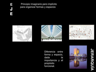 JERARQUÍA
Principio Imaginario pero implícito
para organizar formas y espacios
Diferencia entre
forma y espacio,
dada la
importancia y el
propósito
funcional.
 